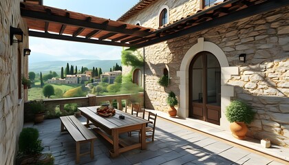 Wall Mural - Timeless Umbrian Townhouse with Ancient Stone Walls and Panoramic Terrace Overlooking a Medieval City