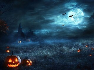 Spooky halloween scene: pumpkins and bats flying over a misty churchyard on a full moon night