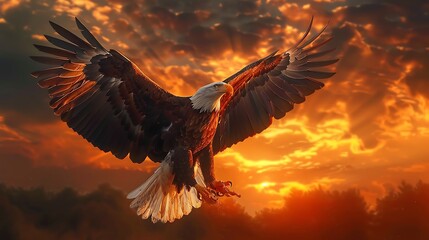 Wall Mural - Huge eagle amid a beautiful sunset catching food