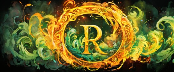 Wall Mural - A captivating digital artwork featuring a glowing golden letter R encircled by swirling flames and vibrant green smoke. The intricate details and dynamic colors create a striking fantasy-themed