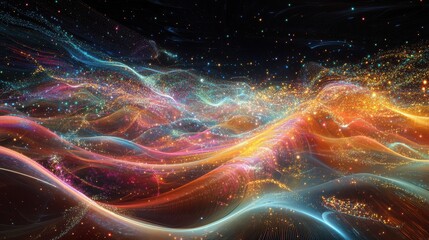 Wall Mural - Colorful abstract digital wave with glowing particles on black background.