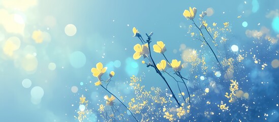 Wall Mural - Illustration of yellow Senecio vernal flowers set against a soft blurred blue bokeh backdrop