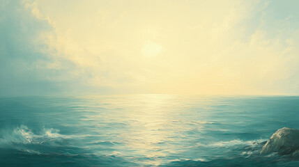 Wall Mural - Sun shining on calm ocean with clouds and rocks in foreground