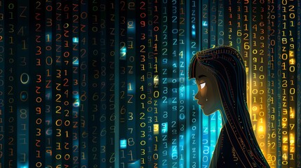 Poster - Young Woman Profile Silhouette Against Flowing Binary Code, Symbolic of Artificial Intelligence.