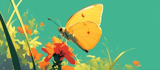 Painting of a yellow butterfly perched on a red flower against a green natural background