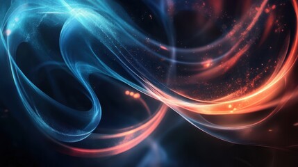 Abstract digital light waves in blue and red on dark background. Futuristic energy flow concept