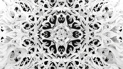 Artwork featuring intricate black and white ornamental patterns