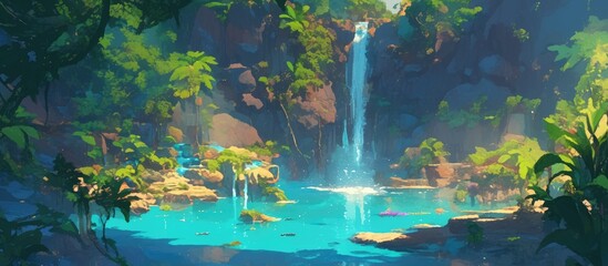 Painting of a blue hole waterfall surrounded by a lush tropical forest