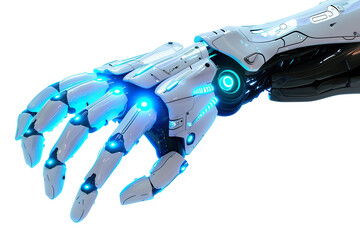 Detailed closeup of futuristic robot hand showcasing advanced mechanical engineering with articulated fingers and illuminated joints, on transparent background. Cut out robotic hand.