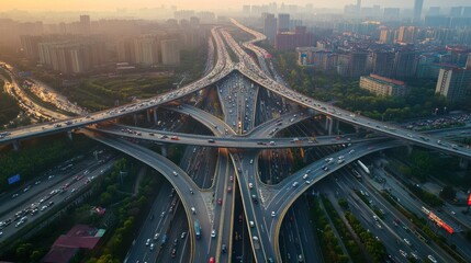 Aerial drone top view photo of highway multilevel junction interchange road in an urban populated area