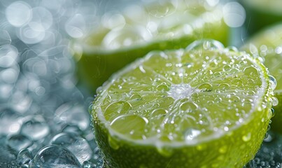 Wall Mural - Fresh green limes with water droplets, highlighting the juicy and refreshing citrus fruits. Perfect for healthy recipes, summer drinks and natural food promotions.