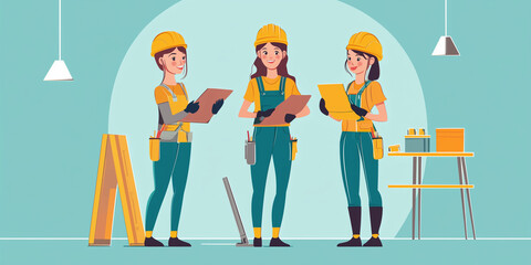 vector illustration construction worker woman wearing PPEs, machinery in the background., construction site. hard hat, safety glasses, safety boots. Personal protection equipment. architect, engineer