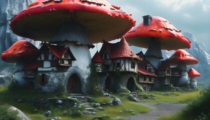 Enchanted medieval village nestled within colossal magical mushrooms, captivating dark fantasy landscape created with generative AI artistry