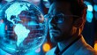 © Werckmeister - futuristic businessman with his tech, Holographic globe surrounded him