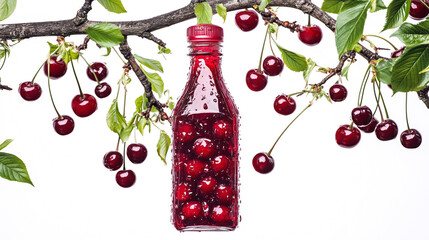 Canvas Print - Cherry juice bottle made using multiple cherries, bottle hanging on cherry tree branch