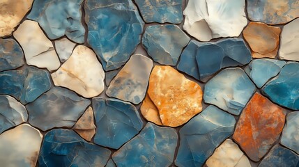 Wall Mural - Close-up of a stone wall with various shades of blue, white, and brown.