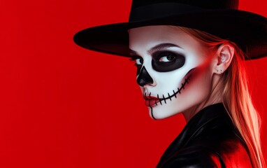 Wall Mural - Stylish woman with sugar skull makeup and black hat against a bold red background, celebrating Halloween.