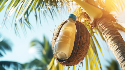 Coconut water bottle mockup hanging on coconut tree