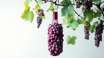 Canvas Print - Grape juice bottle made using multiple grapes, bottle hanging on grapevine