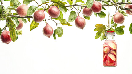 Sticker - Guava juice bottle made using multiple guavas, bottle hanging on guava tree branch