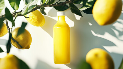 Sticker - Lemon juice bottle mockup hanging on lemon tree branch