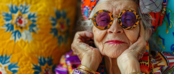 Wall Mural - Portrait of an elderly woman in colorful attire with a confident and cheerful demeanor. Bright setting adds to the joyful mood of the image.