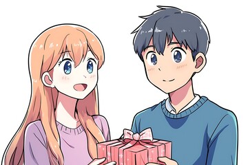 Sticker - Anime Couple Receiving a Gift.