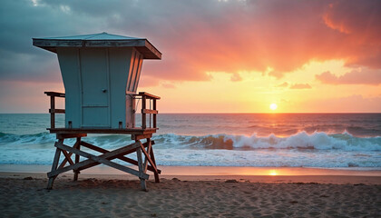 Poster - Lifeguard tower on an empty beach with a dramatic sunset and choppy sea