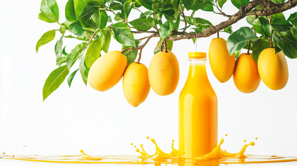 Canvas Print - Mango juice bottle hanging on mango tree branch