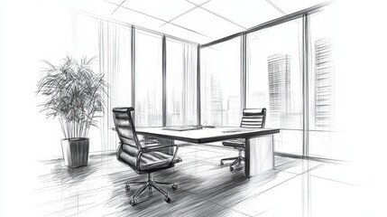 Wall Mural - A drawing of a conference room with an office chair and potted plant, AI