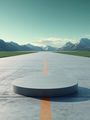 A modern airport runway under a clear sky in 3D rendered minimalist style with empty circle podium.