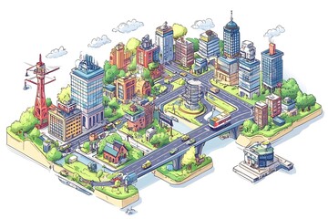 Sticker - A whimsical, cartoon illustration of a city skyline with bridges, cars, and buildings.