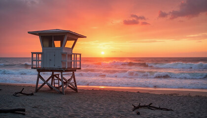 Poster - Lifeguard tower on an empty beach with a dramatic sunset and choppy sea