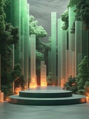 Abstract city made of glowing glass blocks in 3D rendered minimalist style with empty circle podium.