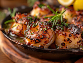 Close up of Pulpo a la Gallega with Garnished Olive Oil and Light Background