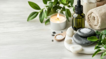 Poster - A spa treatment with candles, stones and a candle on the table, AI