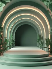 Abstract tunnel of glowing lines in 3D rendered minimalist style with empty circle podium.