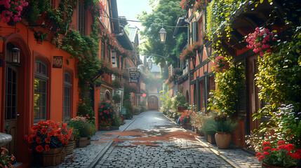 Cobblestone Street with Flowers and Old Buildings 3D Illustration. generative ai