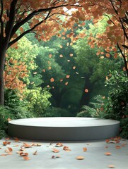 Autumn forest with falling leaves in 3D rendered minimalist style with empty circle podium.