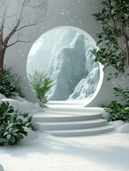 Frozen tundra with snowflakes falling in 3D rendered minimalist style with empty circle podium.