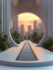 Futuristic monorail track through a modern city in 3D rendered minimalist style with empty circle podium.