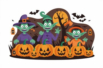 Playful Goblins with Pumpkins for Halloween Celebration - Whimsical Halloween Characters for Family Fun