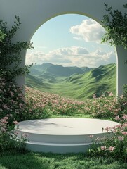 Lush meadow with wildflowers under a bright blue sky in 3D rendered minimalist style with empty circle podium.