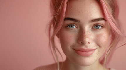 Wall Mural - Smiling young woman with pink hair and freckles against soft pink background