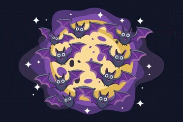 Whimsical Cartoon Bats Flying Around a Full Moon for Halloween - Fun Halloween Illustration with Bats and Moon