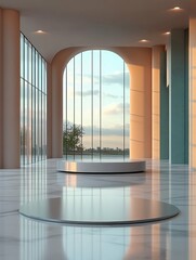 Minimalist skyscraper with reflective glass windows in 3D rendered minimalist style with empty circle podium.