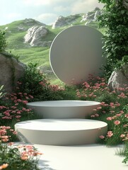 Open plains with scattered wildflowers in 3D rendered minimalist style with empty circle podium.