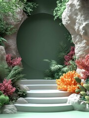 Underwater coral reef with bubbles in 3D rendered minimalist style with empty circle podium.