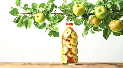 Canvas Print - apple juice bottle made using apples, bottle hanging on apple tree branch,