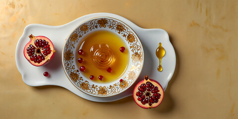 Wall Mural - Rosh hashanah (jewish New Year holiday) concept. Honey, pomegranate and apple, traditional symbols